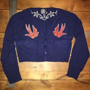 Navy Blue Crop Cardigan w/ Embroidered Birds/Stars